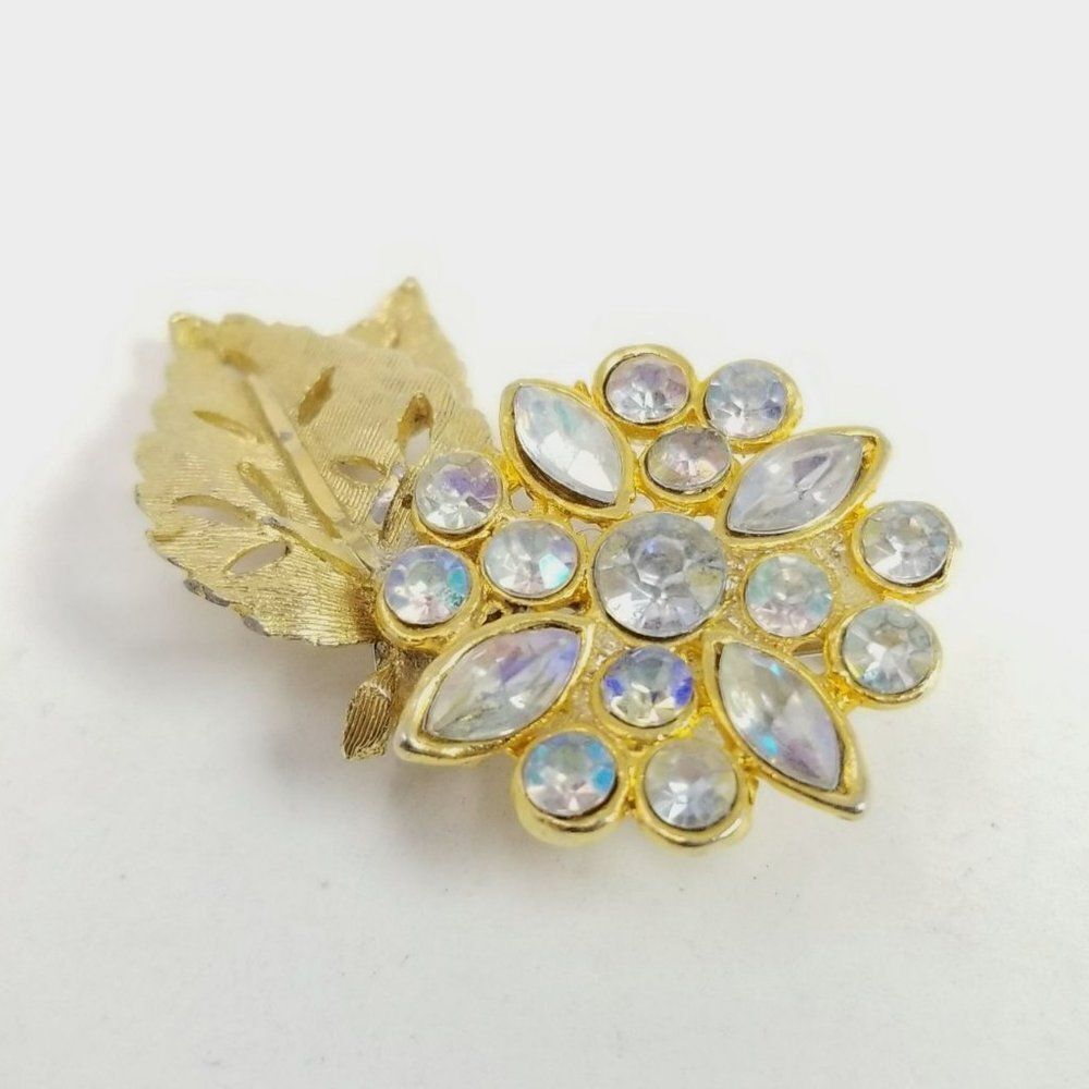 Vintage Rhinestone Flower Brooch, Gold Tone Floral Lapel Pin, Estate